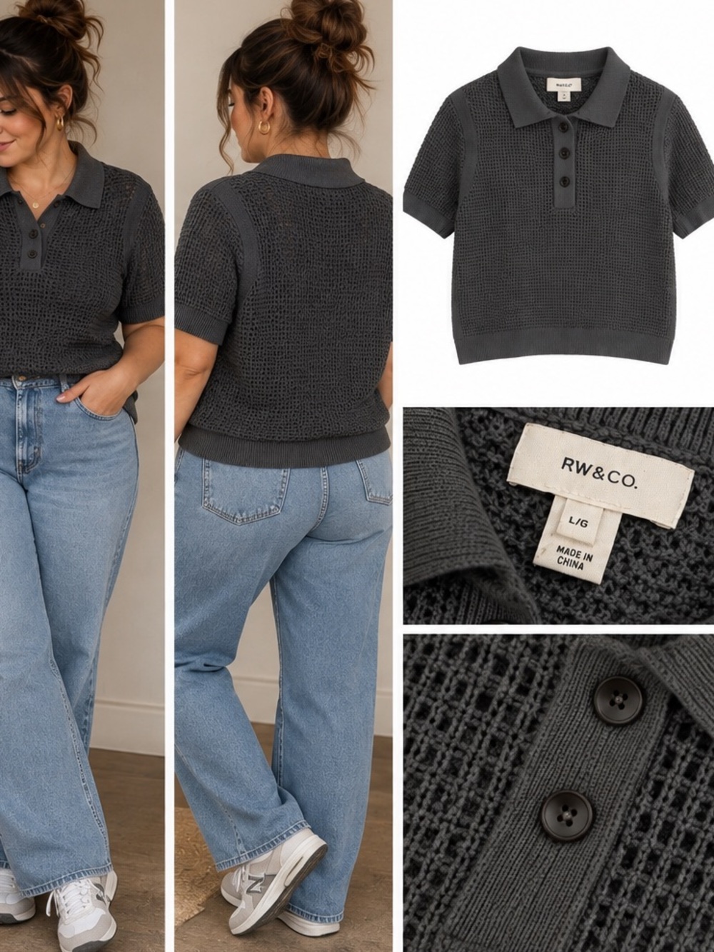 RW&CO. Charcoal Short-Sleeve Knit Polo Sweater